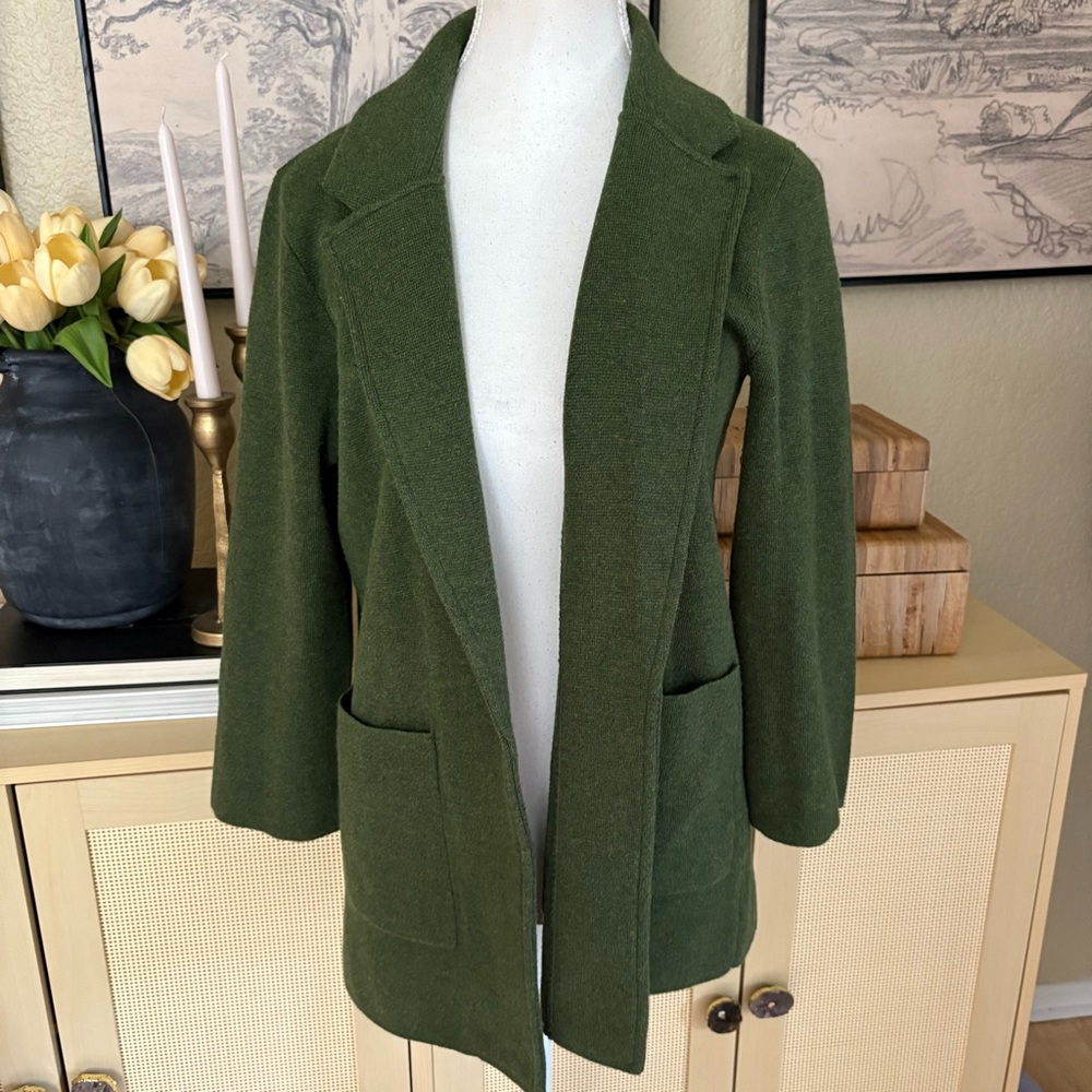 J CREW Green Sophie Open Front Sweater Blazer Cotton Wool Blend Size XS